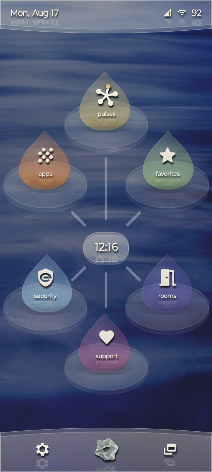 EcoHaven's EcoDash home surface showing six droplet destinations around the central time anchor